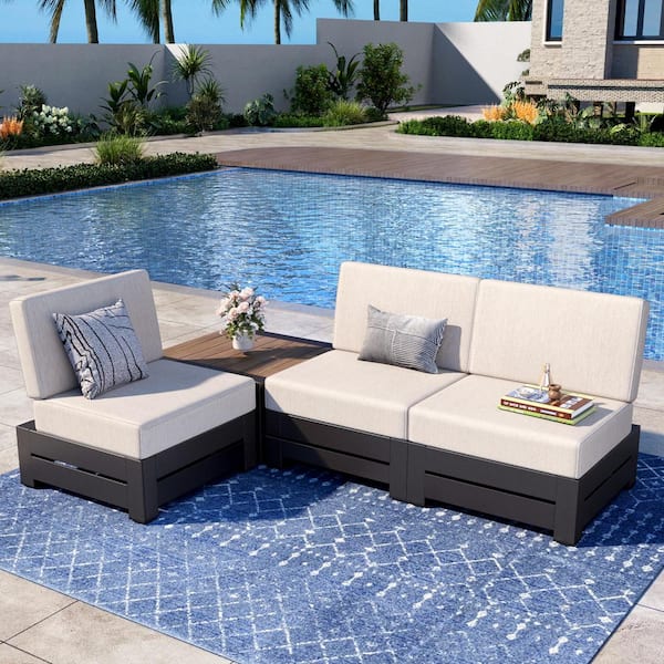 PHI VILLA Black 4-Piece Metal Outdoor Patio Conversation Set with Beige Cushions
