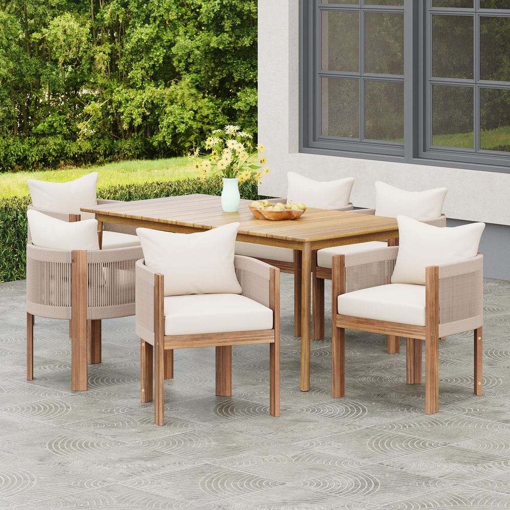 Teak 7-Piece Acacia Wood Patio Outdoor Dining Set with Beige Cushions price history on PriceWatchPro