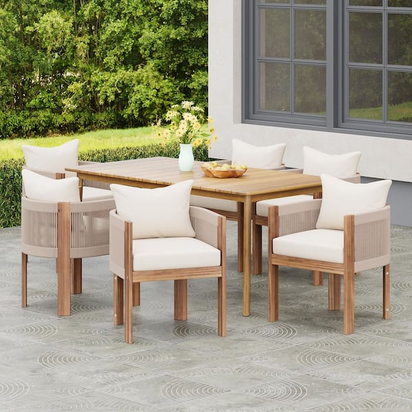 Teak 7-Piece Acacia Wood Patio Outdoor Dining Set with Beige Cushions