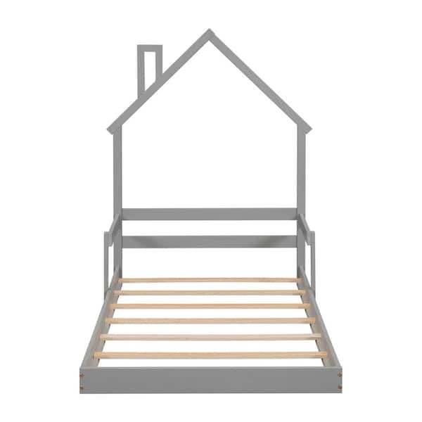 Gray Wood Frame Twin Platform Bed with House-Style Headboard & Handrails for Kids & Teens
