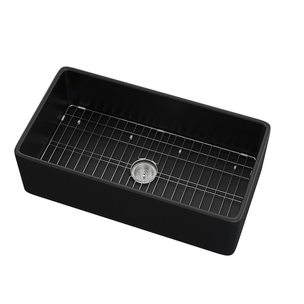 NTQ 30 in. Apron-Front Kitchen Sinks Black Single Bowl Fireclay Sink for Kitchen Rectangular Farmhouse Sink with Basin Rack