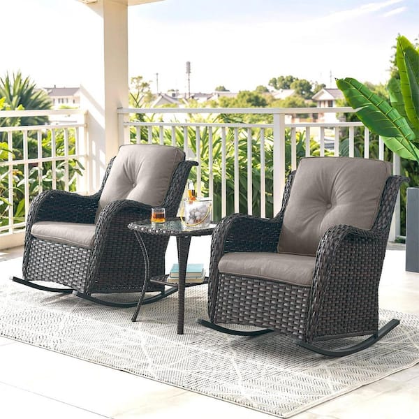 Gymojoy Carolina Brown 3-Piece Wicker Patio Conversation Set with Gray Cushions