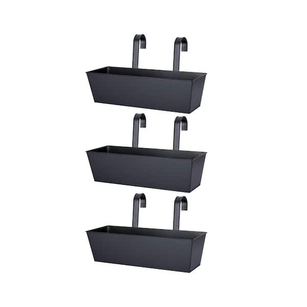 16 in. Black Finish Metal Hanging Railing Planter Box with Wide Hooks for Outdoor Deck Fence Patio, 3 Pack