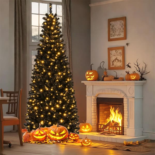 7 ft. Pre-Lit LED PVC Halloween Pencil Artificial Christmas Tree Black with 350 Warm White Lights