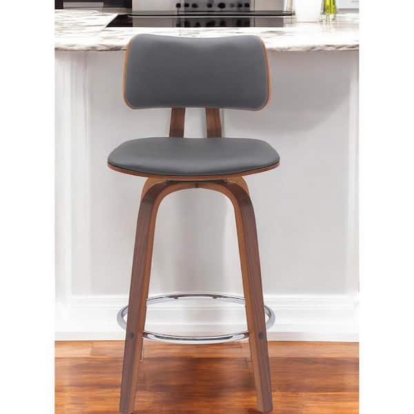 26 in. Gray Low Back Wood Counter Stool Faux Leather Seat
