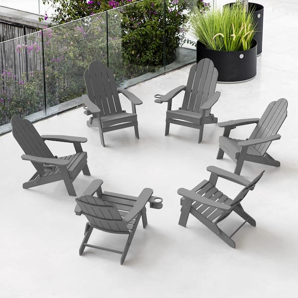 LUE BONA Recycled Dark Gray HDPS Folding Plastic Adirondack Chair Weather Resistant Patio Plastic Fire Pit Chairs (Set of 6)