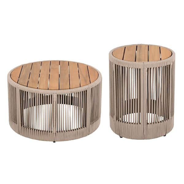 2-Piece Brown Acacia Wood and Beige Rattan rope Outdoor Coffee Table