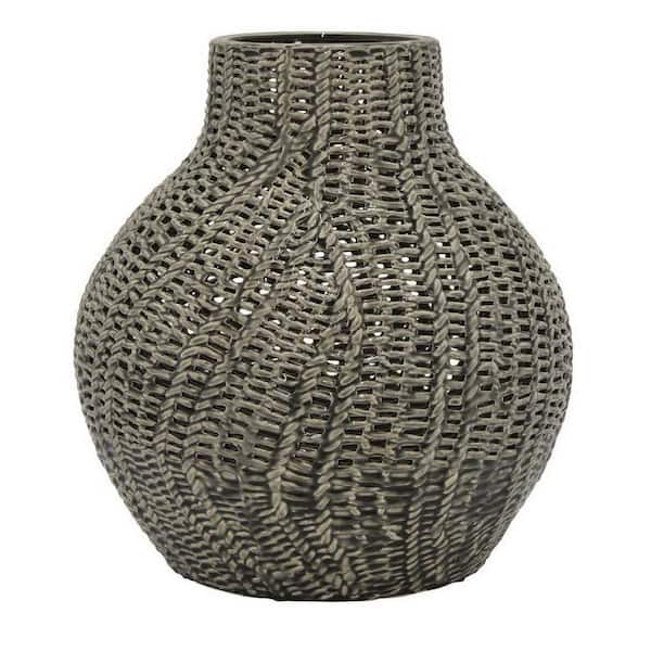 Benjara 20 in. Gray Ceramic Finish Round Accent Vase with Mesh Like Design
