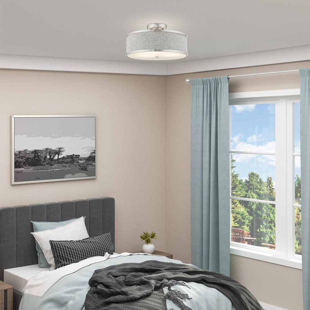 Brushed Nickel 3-Light Semi-Flush Drum Ceiling Fixture with Handcrafted Gray Fabric Shade