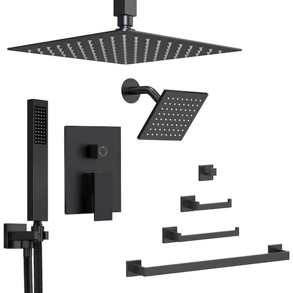 ClassicRain 3-Spray 10 in. Dual Ceiling Mount Fixed and Handheld Shower Head 2.5 GPM with Towel Rack Set in Matte Black
