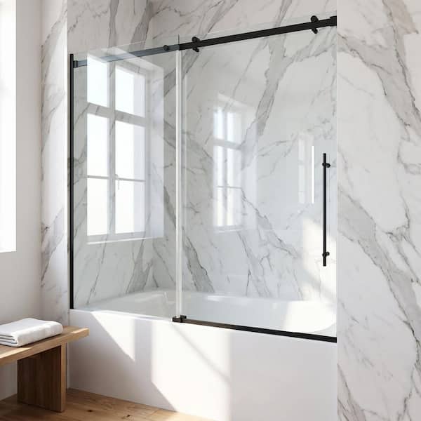 Luca 56 to 60 in. W x 58 in. H Sliding Frameless Tub Door in Matte Black with 3/8 in. (10mm) Clear Glass