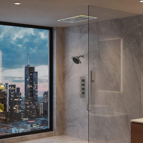 25 in. LED 4-Handle 3-Spray Shower Faucet 2.5 GPM with Music, Thermostatic, Waterfall, Anti Scald in Brushed Nickel