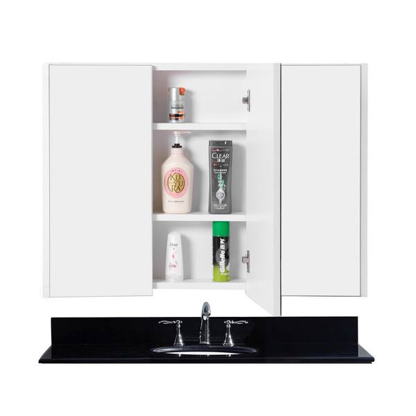 Basicwise 36 In W X 26 In H Surface Mount Medicine Cabinet With 3 Shelves White Wall Mounted Mirrored Door Cabinet Qi The Home Depot