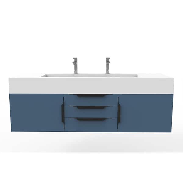 castellousa Nile 60 in. W x 19 in. D x 20 in. H Bath Vanity in Matte Blue with Black Trim and White Solid Surface Top