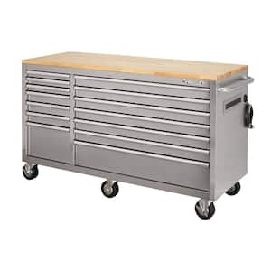 62 in. W x 24 in. D Standard Duty 14-Drawer Mobile Workbench Tool Chest with Solid Wood Top in Stainless Steel