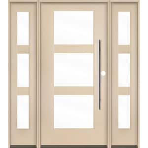 Modern Faux Pivot 64 in. x 80 in. Left-Hand/Inswing 3-Lite Clear Glass Unfinished Fiberglass Prehung Front Door with DSL