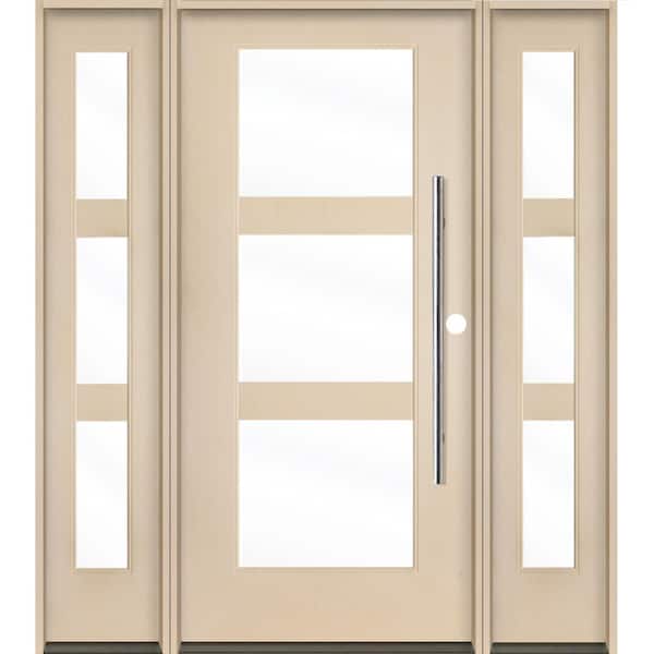 Krosswood Doors Modern Faux Pivot 64 in. x 80 in. Left-Hand/Inswing 3-Lite Clear Glass Unfinished Fiberglass Prehung Front Door with DSL