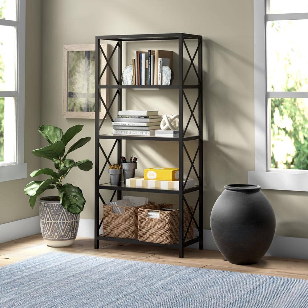 Modern Blackened Bronze 66" High Geometric 4-Tier Bookcase