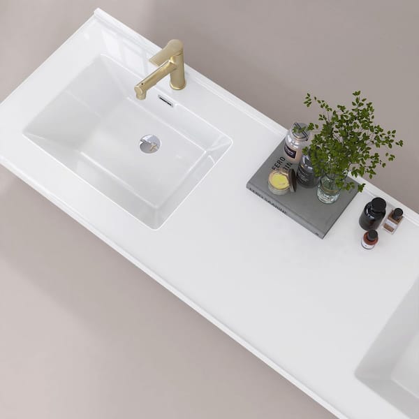 72 in. W x 22 in. D Solid Surface Resin White Rectangular Vanity Top Double Sink Bathroom Vanity Top in Glossy White