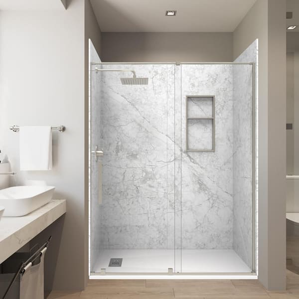 Botti Gray 32in.x 60in.x84in. Solid Composite Stone Alcove Shower Combo Kit Matching Brushed Nickel Door,Niche and Drain