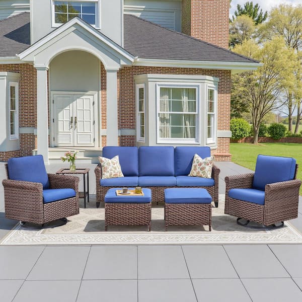 Buenaola Nyajiah 6-Piece Wicker Patio Conversation Set with Blue Cushions
