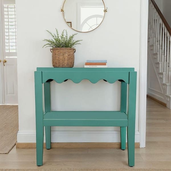 Scallop Edge 28 in. Seagrass Green Rectangle Wood Top End Table with Shelf