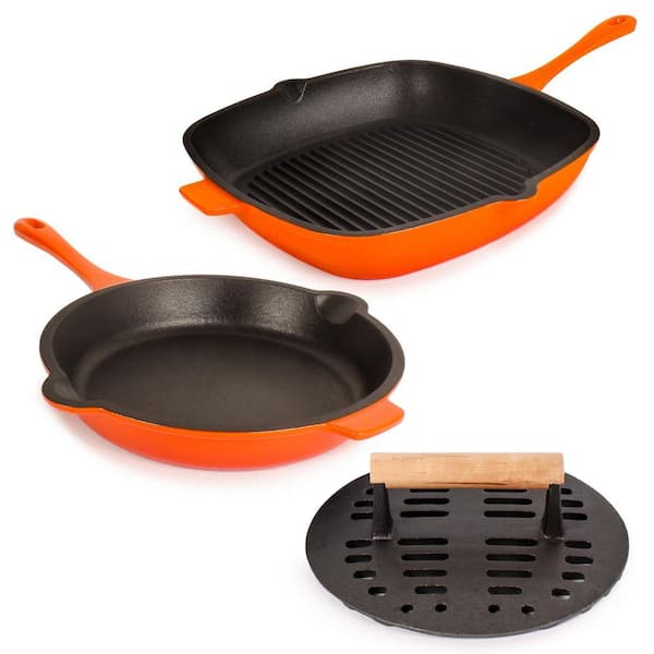 BergHOFF Neo 3-Piece Cast Iron Fry Pan and Grill Pan Set with Slotted Steak Press, Orange