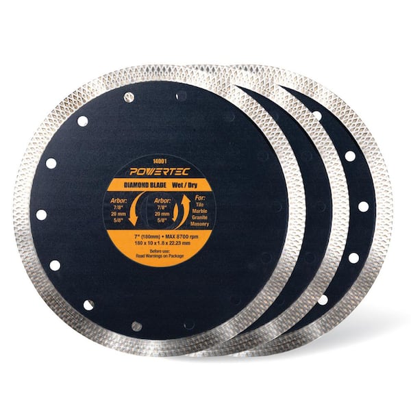 ‎POWERTEC 7 in. Turbo Mesh Rim Diamond Blade for Tile Saw, for Cutting Tile, Granite, Marble and Thin Masonry, (3-Pack)