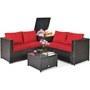 4-Pieces Rattan Outdoor Patio Conversation Set with Red Cushioned Loveseat and Storage Box