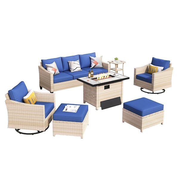 OVIOS Athenie Biege 7-Piece Wicker Patio Rectangle Fire Pit Conversation Set with Navy Blue Cushions and Swivel Chairs