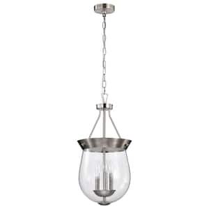 Boliver 60-Watt 3-Light Brushed Nickel Shaded Pendant Light with Clear Seeded Glass Shade and No Bulbs Included
