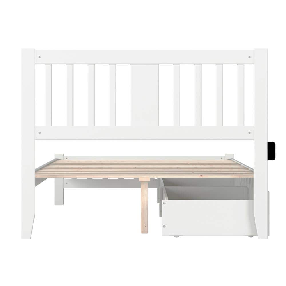 White Full Wood Bed with Headboard and 2 Drawers