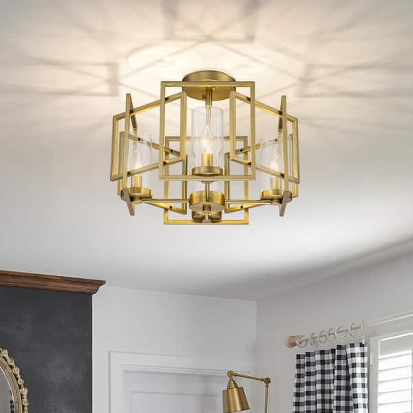 EDISLIVE James 16.14 in. 4-Light Geometric Semi Flush Ceiling Light in Gold with Clear Glass