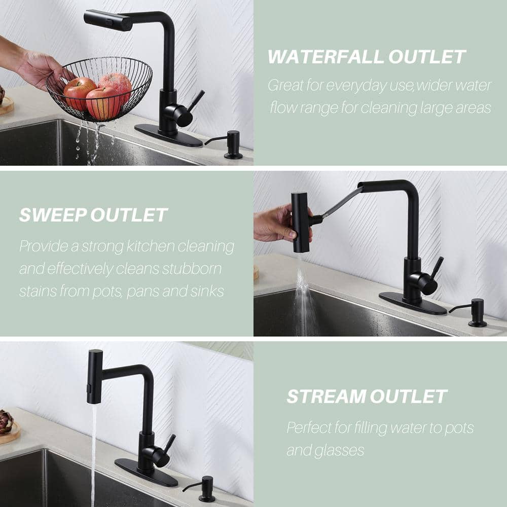 Matte Black Stainless Steel Pull Down Kitchen Faucet with Soap Dispenser