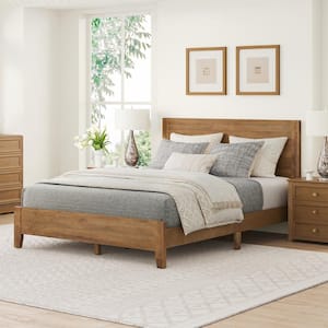 Lazio Mid Century Brown Wood Solid Wood Frame Queen Size Platform Bed Frame with Headboard Wooden Slat Support