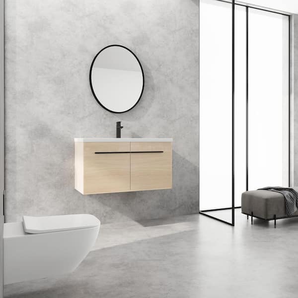 Elegant 35.43 in. W x 18.11 in. D x 20.47 in. H Single Sink Original oak Floating Bath Vanity with White Resin Top