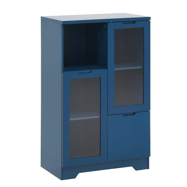 Blue 39.4 in. MDF Buffet Sideboard Cabinet with 2 Glass Doors, 2 Adjustable Shelves and Drawer