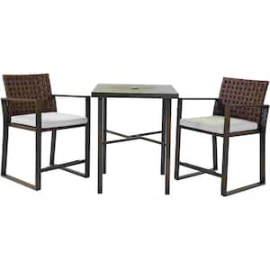 3-Piece Metal Bar Height Outdoor Bistro Set Conversation Set Wood Grain Texture Table with Cushion and Umbrella Hole
