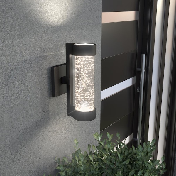 Home Decorators Collection Ansel 11.3 in. Black Modern Bubble Glass Integrated LED Hardwired Garage and Porch Exterior Wall-Light Cylinder Sconce