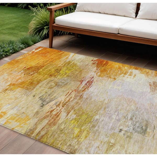Orange, Copper, Terra Cotta 5 ft. x 8 ft.  Woven Abstract Polyester Rectangle Indoor / Outdoor Area Rug