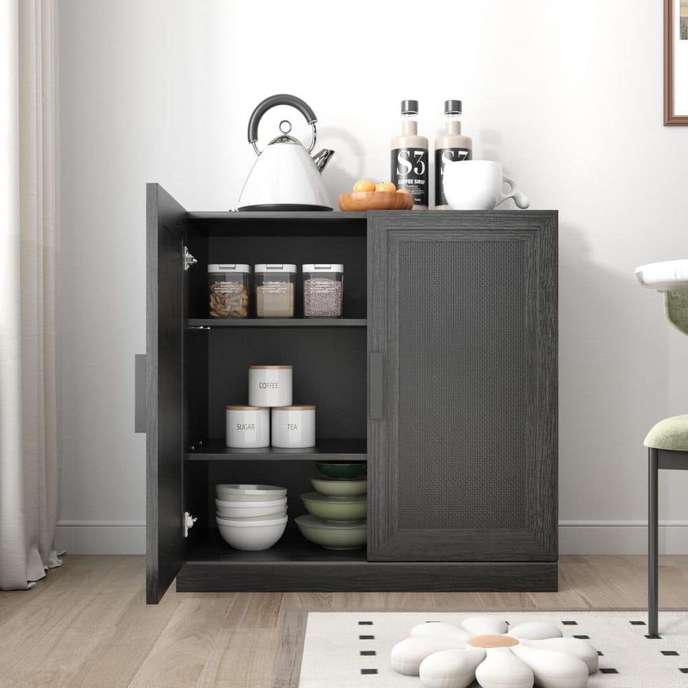 31 in. Tall Black Wood Grain Wood 2-Shelf Standard Bookcase with Rattan Doors, Storage