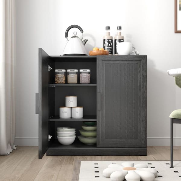 31 in. Tall Black Wood Grain Wood 2-Shelf Standard Bookcase with Rattan Doors, Storage