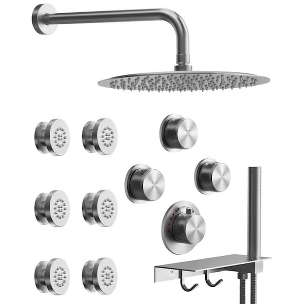 GRANDJOY Module Switch 7-Spray 12 in. Dual Wall Mount Fixed and Handheld Shower Head 2.5 GPM in Brushed Nickel with Valve 6 Jets