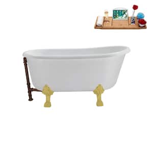 57 in. Acrylic Clawfoot Non-Whirlpool Bathtub in Glossy White with Matte Oil Rubbed Bronze Drain, Brushed Gold Clawfeet