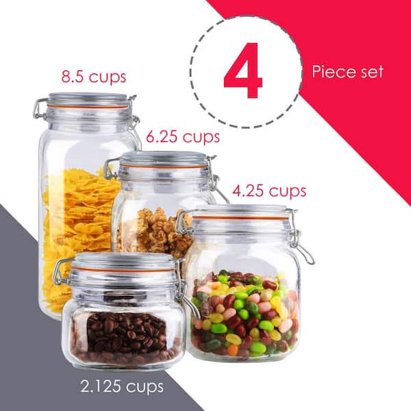 3 Pack 4-Piece in Clear Glass Canister Set with Clamping Lids