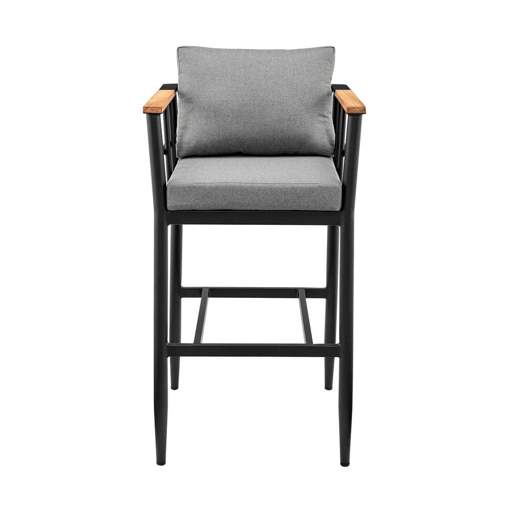 Gray Aluminum and Teak Outdoor Bar Stool with Cushions