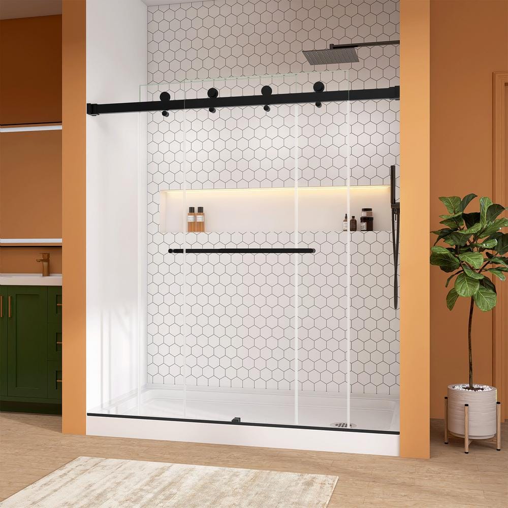 60-Inch Matte Black Frameless Sliding Shower Door with Clear Glass