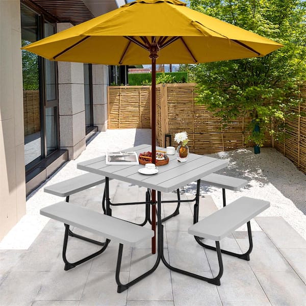 67 in. Gray Square Metal Picnic Table Set 8-Person with 4 Benches and Umbrella Hole