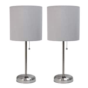 19.5 in. Brushed Steel and Gray Stick Lamp with Charging Outlet and Fabric Shade (2-Pack)