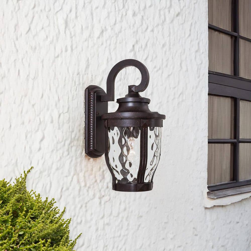 Black Aluminum LED Outdoor Wall Lantern with Clear Hammered Glass